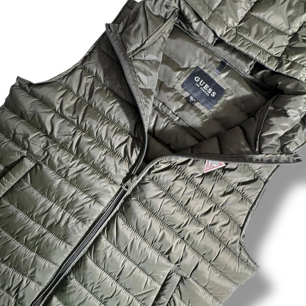 Guess Green Full Zip Hooded Light Puffer Vest Women Pockets 90s Atheleisure - Picture 3 of 9